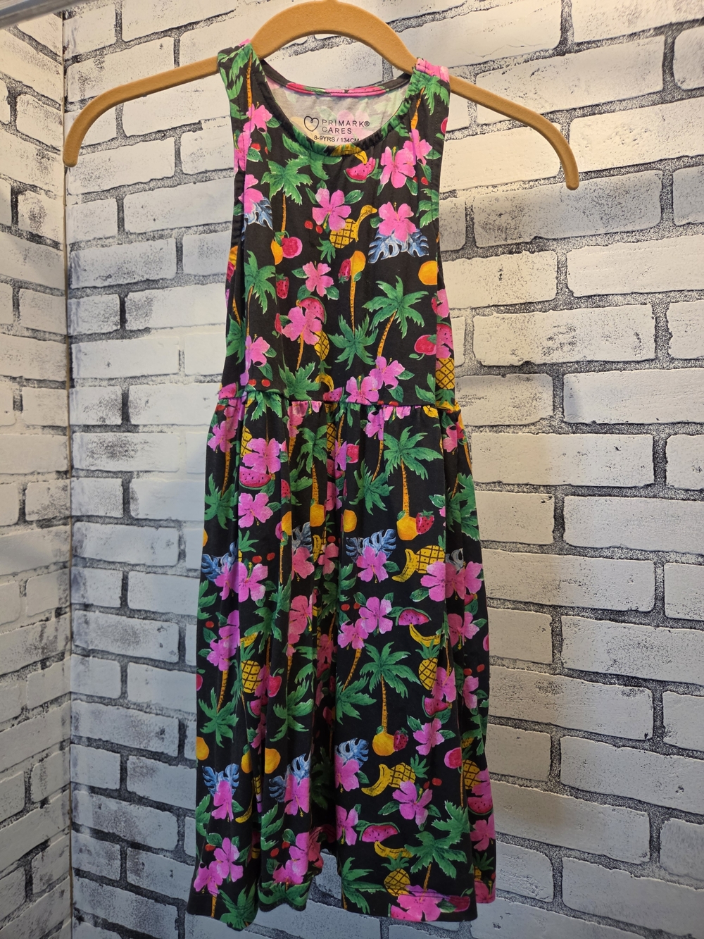 Primark Black Tropical Floral & Fruit Sundress with Pink Blossoms